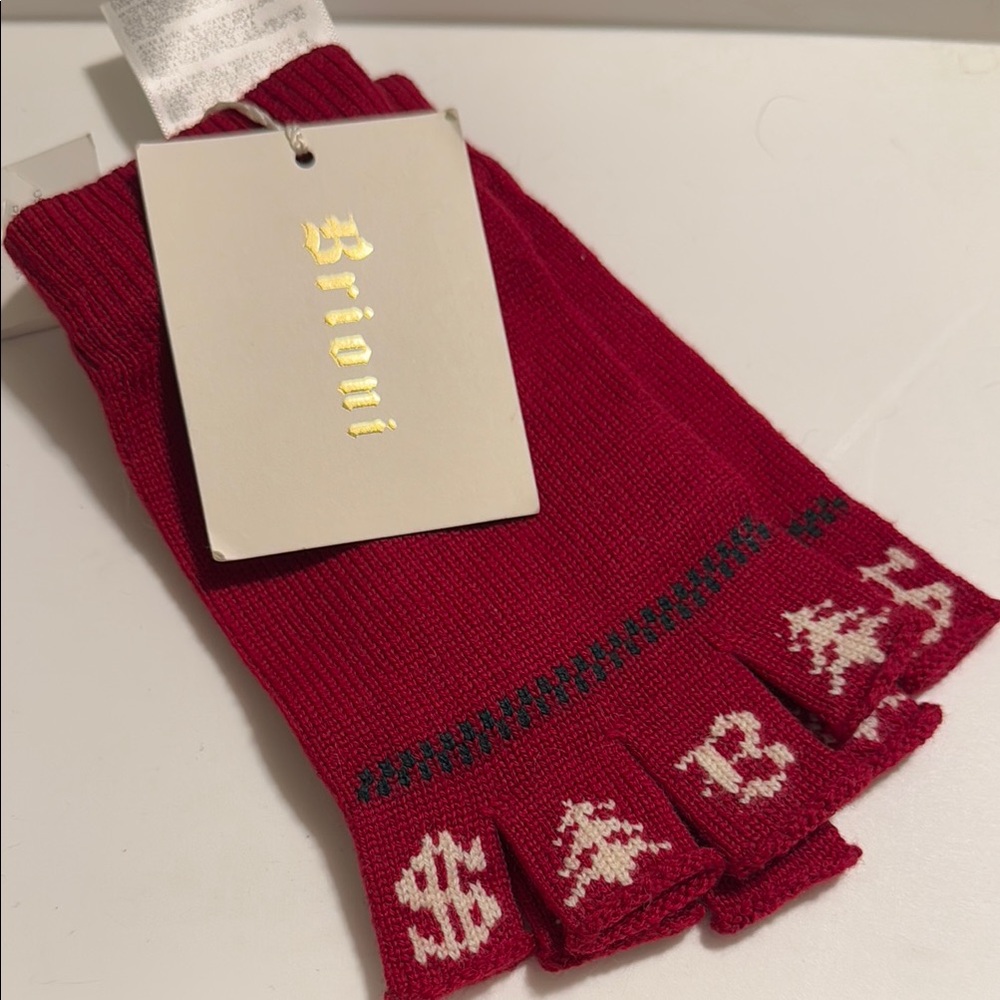 Brioni Red Knit Fingerless Gloves Italian wool dollar sign design